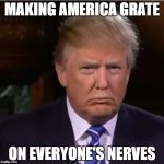 Donald Trump sulk | MAKING AMERICA GRATE; ON EVERYONE'S NERVES | image tagged in donald trump sulk | made w/ Imgflip meme maker