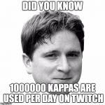 Kappa | DID YOU KNOW; 1000000 KAPPAS ARE USED PER DAY ON TWITCH | image tagged in kappa,did you know,what if i told you,memes,twitch | made w/ Imgflip meme maker