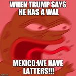 pepe | WHEN TRUMP SAYS HE HAS A WAL MEXICO:WE HAVE LATTERS!!! | image tagged in pepe | made w/ Imgflip meme maker