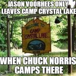 Chuck Norris Camp Crystal Lake | JASON VOORHEES ONLY LEAVES CAMP CRYSTAL LAKE; WHEN CHUCK NORRIS CAMPS THERE | image tagged in camp crystal lake,chuck norris,memes | made w/ Imgflip meme maker