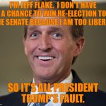 Jeff Flake | I'M JEFF FLAKE.  I DON'T HAVE A CHANCE TO WIN RE-ELECTION TO THE SENATE BECAUSE I AM TOO LIBERAL. SO IT'S ALL PRESIDENT TRUMP'S FAULT. | image tagged in jeff flake | made w/ Imgflip meme maker