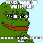 liberal intelligence | MEXICO-AMERICAN WALL IS BAD? WHAT ABOUT THE CHINESE-MONGOLIAN WALL? | image tagged in pepe | made w/ Imgflip meme maker