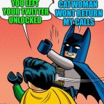 I hear some great stories along these lines | CATWOMAN WONT RETURN MY CALLS; YOU LEFT YOUR TWITTER UNLOCKED | image tagged in batman slapping robin lego,not signing out,why are you looking at me like that,anyone ever do this to you | made w/ Imgflip meme maker