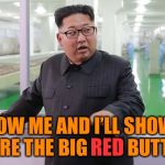 The Big Red Button | FOLLOW ME AND I’LL SHOW YOU WHERE THE BIG RED BUTTON IS; RED | image tagged in kim jong un - explaining something,nukes,big red button,crazy man,family reunions keep getting smaller | made w/ Imgflip meme maker