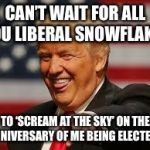 Trump va liberals | CAN’T WAIT FOR ALL YOU LIBERAL SNOWFLAKES; TO ‘SCREAM AT THE SKY’ ON THE ANNIVERSARY OF ME BEING ELECTED! | image tagged in trump va liberals | made w/ Imgflip meme maker