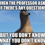 gerald finding dory | WHEN THE PROFESSOR ASKS IF THERE'S ANY QUESTIONS; BUT YOU DON'T KNOW WHAT YOU DON'T KNOW | image tagged in gerald finding dory | made w/ Imgflip meme maker