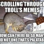 "If you stare too long into the abyss - the abyss will stare into you" | SCROLLING THROUGH TROLL'S MEMES; HOW CAN THERE BE SO MANY AND NOT ONE THAT'S PALATABLE! | image tagged in frustrated squirrel,scumbag,trolls,bullying,bad memes | made w/ Imgflip meme maker