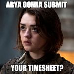 Arya gonna | ARYA GONNA SUBMIT; YOUR TIMESHEET? | image tagged in arya gonna | made w/ Imgflip meme maker