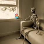 Waiting skeleton w/ phone