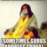 mountain guru | WHAT RHYMES WITH GURU? (SOMETIMES GURUS ADDRESS TRIVIA) | image tagged in mountain guru | made w/ Imgflip meme maker