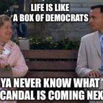 Forrest Gump | LIFE IS LIKE A BOX OF DEMOCRATS; YA NEVER KNOW WHAT SCANDAL IS COMING NEXT | image tagged in forrest gump | made w/ Imgflip meme maker
