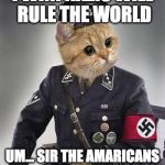 Nazi Cat | I WIN! NAZIS WILL RULE THE WORLD; UM... SIR THE AMARICANS HAVE INVADED | image tagged in nazi cat | made w/ Imgflip meme maker