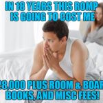 Couple upset in bed | IN 18 YEARS THIS ROMP IS GOING TO COST ME; $28,000 PLUS ROOM & BOARD, BOOKS, AND MISC FEES! | image tagged in couple upset in bed | made w/ Imgflip meme maker