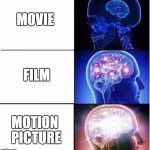 Homo Sapiens Whom'st Utter the Remark, "Motion Picture." | MOVIE; FILM; MOTION PICTURE | image tagged in expanding brain,disney,movies,movie | made w/ Imgflip meme maker