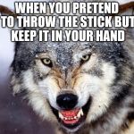 Growlingwolf | WHEN YOU PRETEND TO THROW THE STICK BUT KEEP IT IN YOUR HAND | image tagged in growlingwolf | made w/ Imgflip meme maker