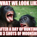 Bonobo Lyfe | WHAT WE LOOK LIKE; AFTER A DAY OF HUNTING AND 3 SHOTS OF MOONSHINE. | image tagged in memes,bonobo lyfe | made w/ Imgflip meme maker