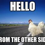 Why the chicken Cross the road | HELLO; FROM THE OTHER SIDE | image tagged in why the chicken cross the road | made w/ Imgflip meme maker