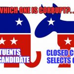 Republican and Democrat | WHICH ONE IS CORRUPT?. . . CLOSED COMMITTEE SELECTS CANDIDATE; CONSTITUENTS VOTE FOR CANDIDATE | image tagged in republican and democrat | made w/ Imgflip meme maker