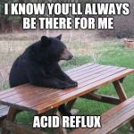 Bear Lonely | I KNOW YOU'LL ALWAYS BE THERE FOR ME; ACID REFLUX | image tagged in bear lonely,memes | made w/ Imgflip meme maker