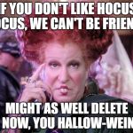 hocus pocus | IF YOU DON'T LIKE HOCUS POCUS, WE CAN'T BE FRIENDS; MIGHT AS WELL DELETE ME NOW, YOU HALLOW-WEINER! | image tagged in hocus pocus | made w/ Imgflip meme maker