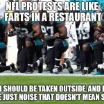 NFL Flag-haters | NFL PROTESTS ARE LIKE FARTS IN A RESTAURANT; BOTH SHOULD BE TAKEN OUTSIDE, AND BOTH ARE JUST NOISE THAT DOESN'T MEAN SHIT | image tagged in nfl flag-haters | made w/ Imgflip meme maker