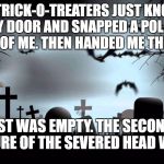Halloween background | TWO TRICK-O-TREATERS JUST KNOCKED ON MY DOOR AND SNAPPED A POLAROID PICTURE OF ME. THEN HANDED ME THEIR BAGS. THE FIRST WAS EMPTY. THE SECOND HELD A PICTURE OF THE SEVERED HEAD WITHIN. | image tagged in halloween background | made w/ Imgflip meme maker