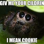 missunder stoood spider | GIV ME YOUR CILDRIN; I MEAN COOKIE | image tagged in missunder stoood spider | made w/ Imgflip meme maker