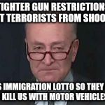 Chucking It Left Chuck Schumer | SAYS TIGHTER GUN RESTRICTIONS WILL PREVENT TERRORISTS FROM SHOOTING US; SPONSORS IMMIGRATION LOTTO SO THEY CAN COME HERE AND KILL US WITH MOTOR VEHICLES INSTEAD | image tagged in chucking it left chuck schumer | made w/ Imgflip meme maker