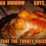 turkey tits | AH  HMMMM , . . .  GUYS , I'LL  TAKE  THE  TURKEY  BREASTS. | image tagged in turkey tits | made w/ Imgflip meme maker