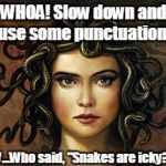 Medusa | WHOA! Slow down and use some punctuation! NOW...Who said, "Snakes are icky?!?!!" | image tagged in medusa | made w/ Imgflip meme maker