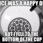 R.I.P. Oreo | I ONCE WAS A HAPPY OREO; BUT I FELL TO THE BOTTOM OF THE CUP | image tagged in sinking oreo,isayisay,memes,funny,jessica_,raydog | made w/ Imgflip meme maker