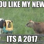 Stupid Cow | DO YOU LIKE MY NEW CAR; ITS A 2017 | image tagged in stupid cow | made w/ Imgflip meme maker