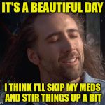 A Beautiful Day | IT'S A BEAUTIFUL DAY; I THINK I'LL SKIP MY MEDS AND STIR THINGS UP A BIT | image tagged in meds,memes,beautiful,nicholas cage | made w/ Imgflip meme maker