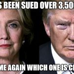 Hillary & Donald | ONE HAS BEEN SUED OVER 3,500 TIMES; REMIND ME AGAIN WHICH ONE IS CROOKED? | image tagged in hillary  donald | made w/ Imgflip meme maker
