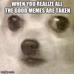 oh shit doggo | WHEN YOU REALIZE ALL THE GOOD MEMES ARE TAKEN | image tagged in oh shit doggo | made w/ Imgflip meme maker