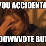 Ughh | WHEN YOU ACCIDENTALLY HIT; THE DOWNVOTE BUTTON | image tagged in one does not simply,downvote,why did i do that,columbine school shooting,that last one scared you didnt it | made w/ Imgflip meme maker