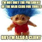 Getting Down to the Roots of the Problem | I'M NOT ONLY THE PRESIDENT OF THE HAIR CLUB FOR TROLLS; BUT I'M ALSO A CLIENT | image tagged in troll,memes,hair club for men,sy sperling,television,80s | made w/ Imgflip meme maker