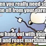 Marshmallow Time! | When you really need some time off from your parents; so you hang out with your best friend and roast marshmallows. | image tagged in roasting marshmallows,peanut snoopy woodstock | made w/ Imgflip meme maker
