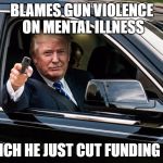 trump gun | BLAMES GUN VIOLENCE ON MENTAL ILLNESS; WHICH HE JUST CUT FUNDING FOR | image tagged in trump gun | made w/ Imgflip meme maker
