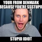 Derp ssundee | YOUR FROM DENMARK BECAUSE YOU'RE SSSTUPID; STUPID IDIOT | image tagged in derp ssundee | made w/ Imgflip meme maker