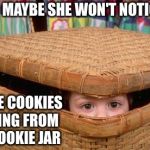 Hiding  | MAYBE SHE WON'T NOTICE; ALL THE COOKIES MISSING FROM THE COOKIE JAR | image tagged in hiding | made w/ Imgflip meme maker
