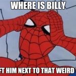 Spiderman is Confused. | WHERE IS BILLY; I LEFT HIM NEXT TO THAT WEIRD VAN | image tagged in spiderman is confused | made w/ Imgflip meme maker