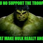 Military week | YOU NO SUPPORT THE TROOPS? THAT MAKE HULK REALLY ANGRY | image tagged in hulk | made w/ Imgflip meme maker