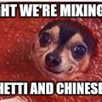 Sauce it up pupper | TONIGHT WE'RE MIXING IT UP; SPAGHETTI AND CHINESE FOOD | image tagged in sauce it up pupper | made w/ Imgflip meme maker