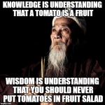 You know I'm right | KNOWLEDGE IS UNDERSTANDING THAT A TOMATO IS A FRUIT; WISDOM IS UNDERSTANDING THAT YOU SHOULD NEVER PUT TOMATOES IN FRUIT SALAD | image tagged in wise man | made w/ Imgflip meme maker