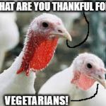 Thanksgiving | WHAT ARE YOU THANKFUL FOR? VEGETARIANS! | image tagged in thanksgiving | made w/ Imgflip meme maker
