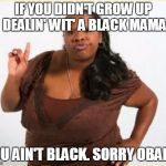 angry black women | IF YOU DIDN'T GROW UP DEALIN' WIT' A BLACK MAMA; YOU AIN'T BLACK. SORRY OBAMA | image tagged in angry black women | made w/ Imgflip meme maker