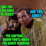 Teamwork takes selflessness and an awareness of each other's strengths. | I'LL TAKE THE TWO BIG ONES ON THE RIGHT. ARE YOU SURE? YES CAPTAIN.  I KNOW YOU'LL WANT THE SASSY REDHEAD. | image tagged in spock and kirk,memes,teamwork,star trek | made w/ Imgflip meme maker