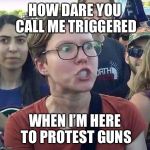 foggy | HOW DARE YOU CALL ME TRIGGERED; WHEN I’M HERE TO PROTEST GUNS | image tagged in triggered feminist,memes,second amendment | made w/ Imgflip meme maker