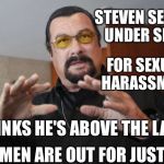 Steven Seagal | STEVEN SEAGAL UNDER SIEGE; FOR SEXUAL HARASSMENT; THINKS HE'S ABOVE THE LAW; WOMEN ARE OUT FOR JUSTICE | image tagged in steven seagal | made w/ Imgflip meme maker